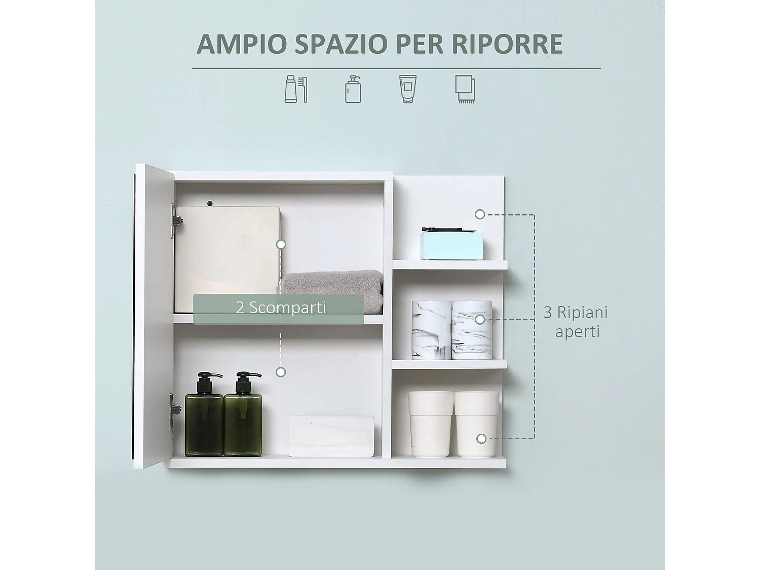 Mobile specchiera bagno con 3 ripiani laterali in legno bianco