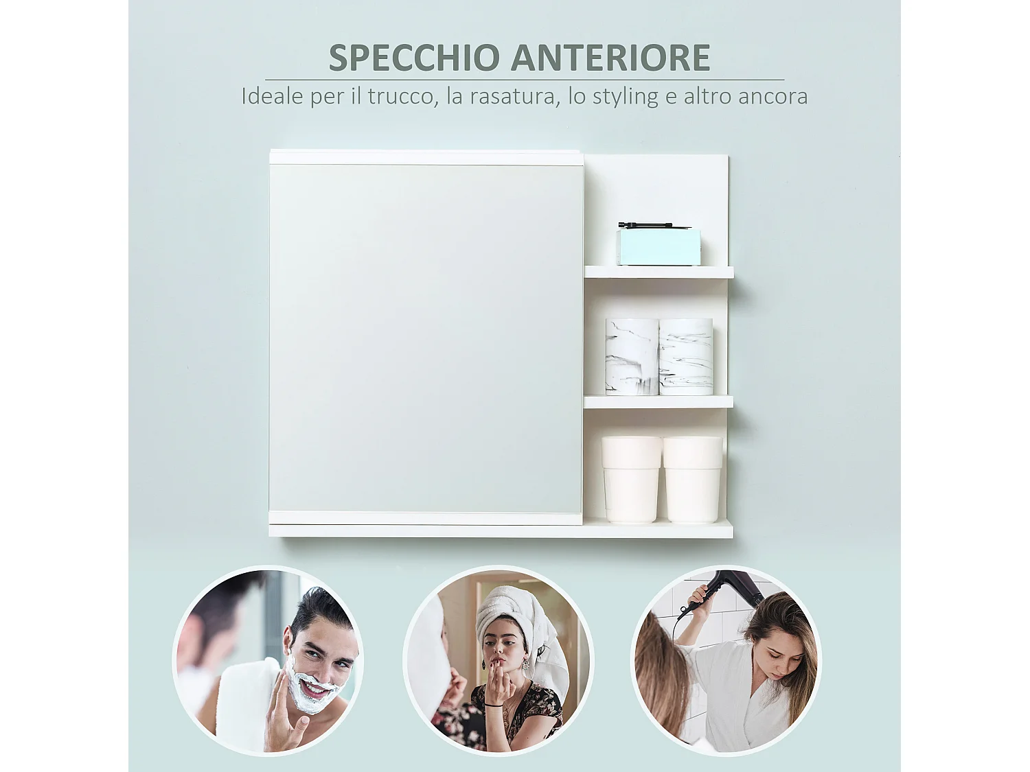 Mobile specchiera bagno con 3 ripiani laterali in legno bianco