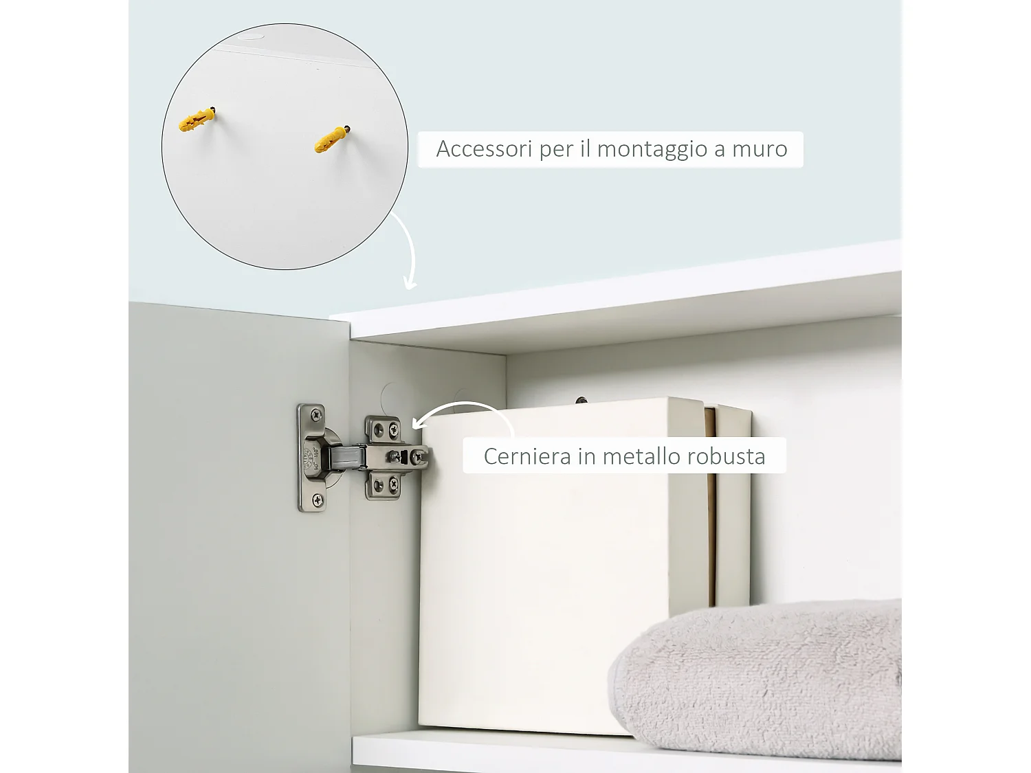 Mobile specchiera bagno con 3 ripiani laterali in legno bianco