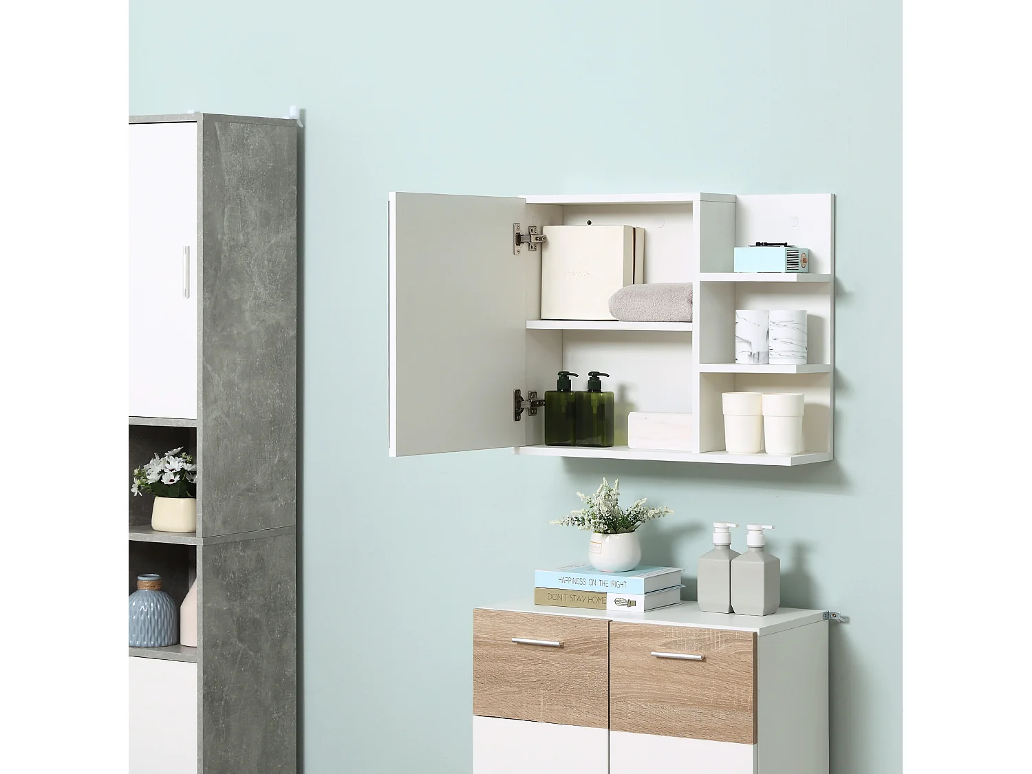 Mobile specchiera bagno con 3 ripiani laterali in legno bianco