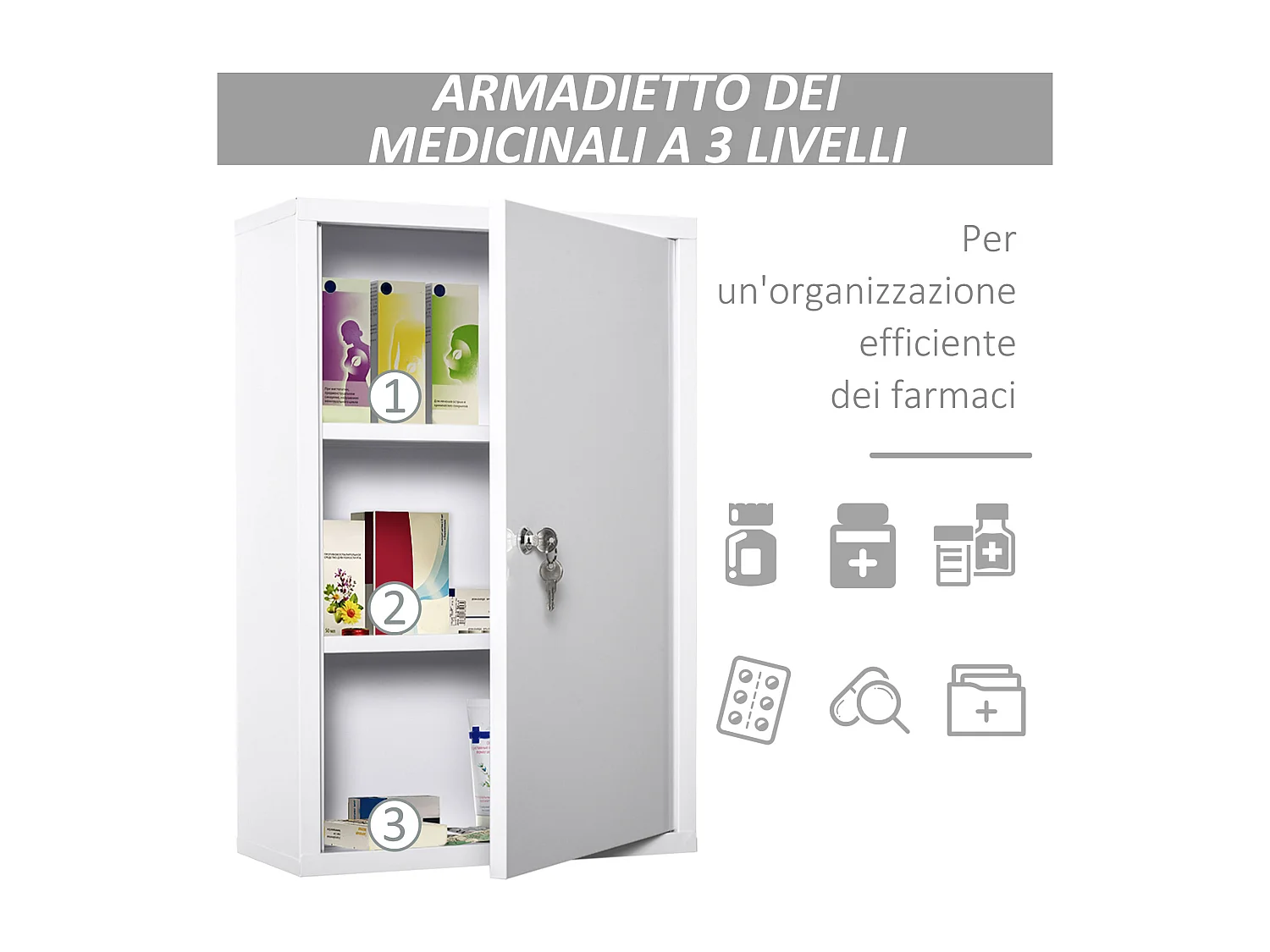 Armadietto medicinali bianco 3 livelli in acciaio e 2 chiavi