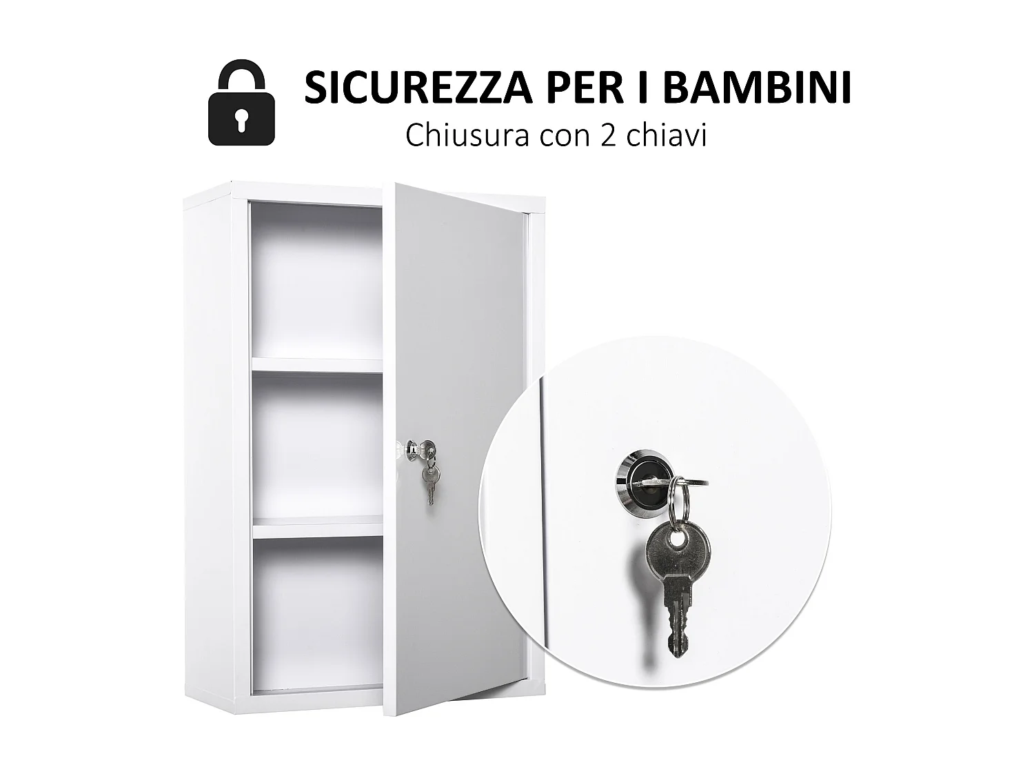 Armadietto medicinali bianco 3 livelli in acciaio e 2 chiavi