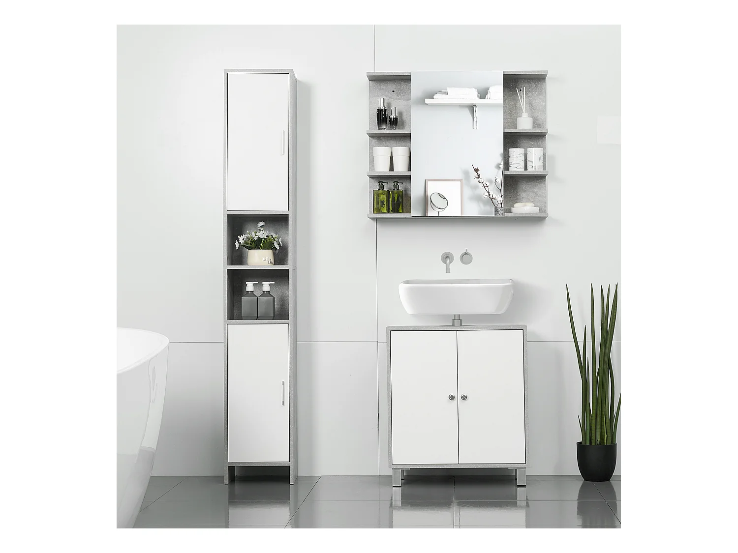 Mobile specchiera bagno a parete con anta e mensole in legno