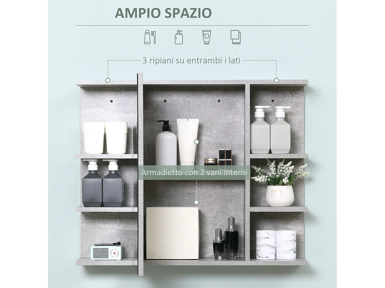 Mobile specchiera bagno a parete con anta e mensole in legno