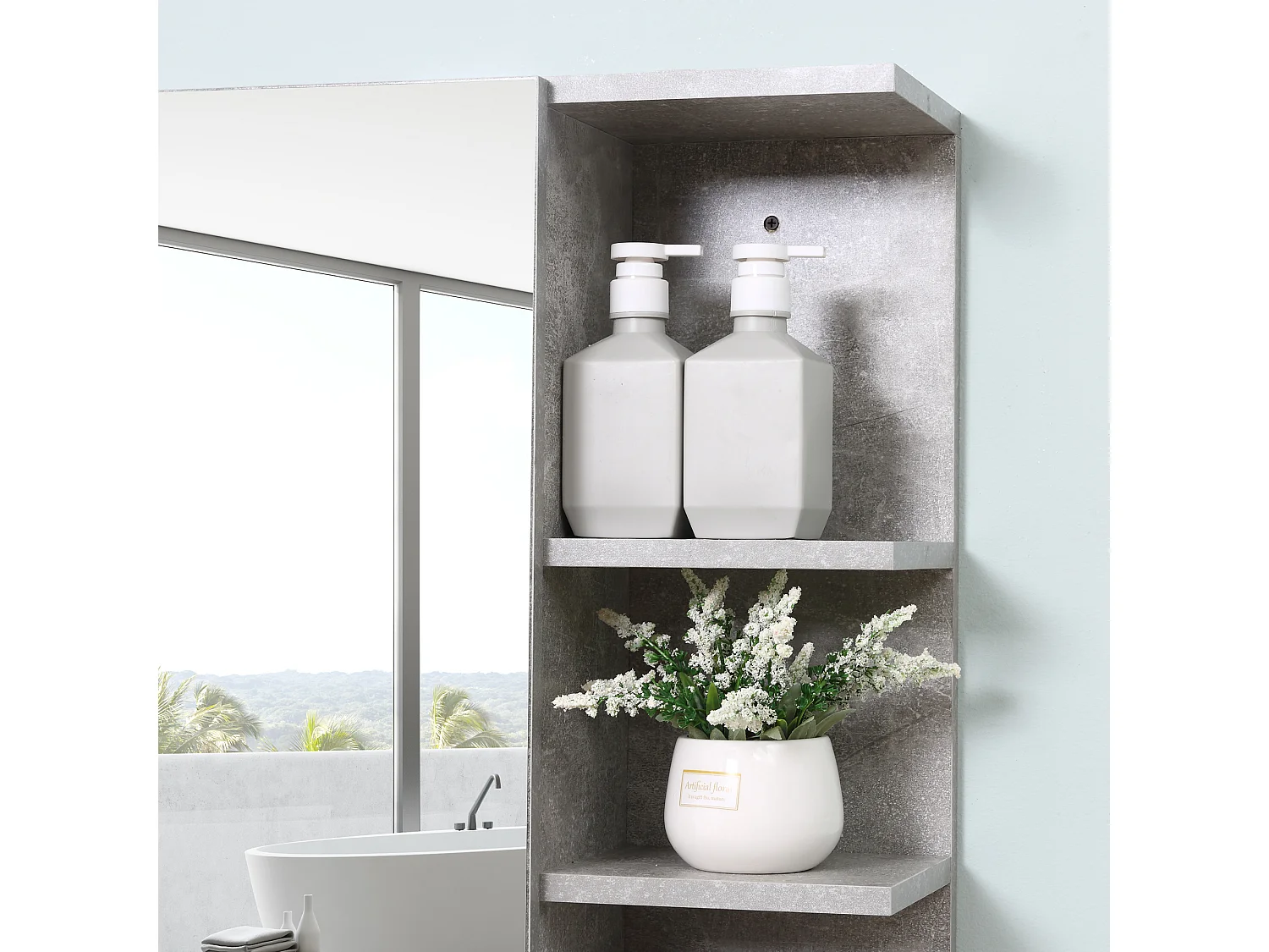 Mobile specchiera bagno a parete con anta e mensole in legno