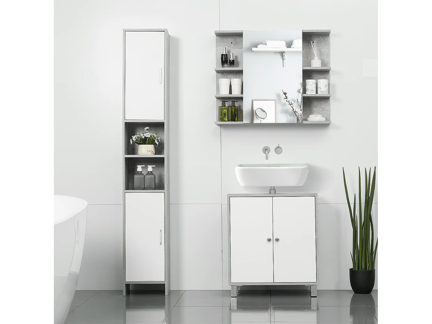 Mobile specchiera bagno a parete con anta e mensole in legno