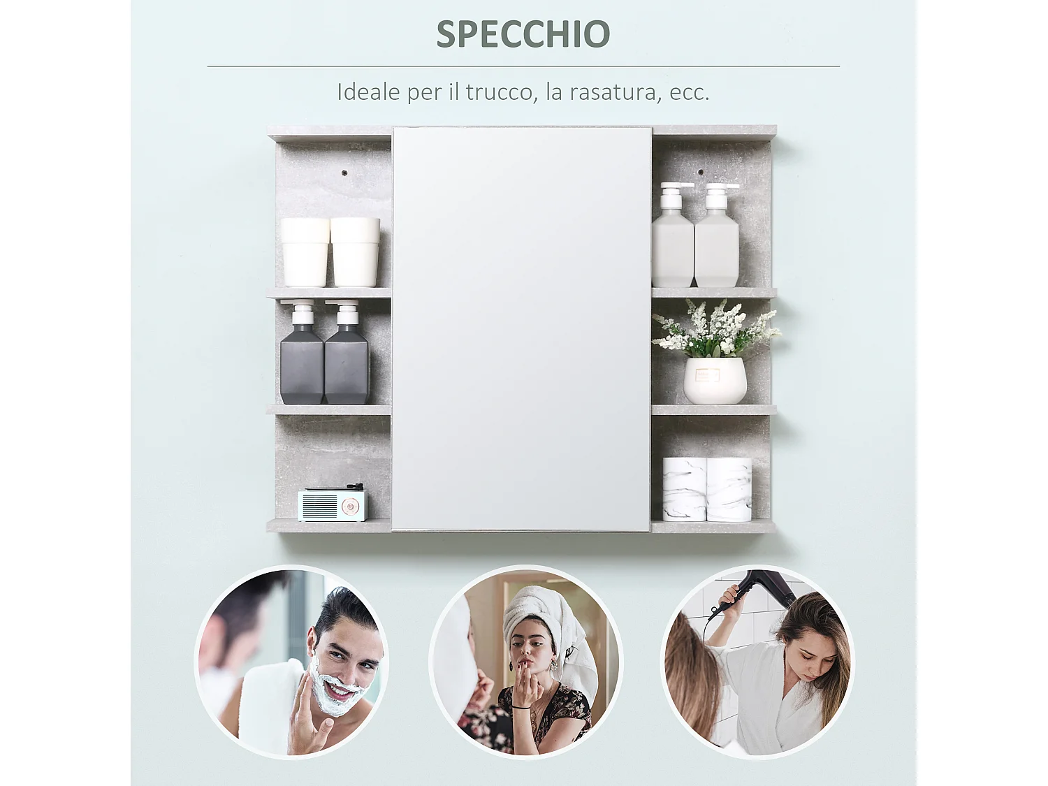 Mobile specchiera bagno a parete con anta e mensole in legno