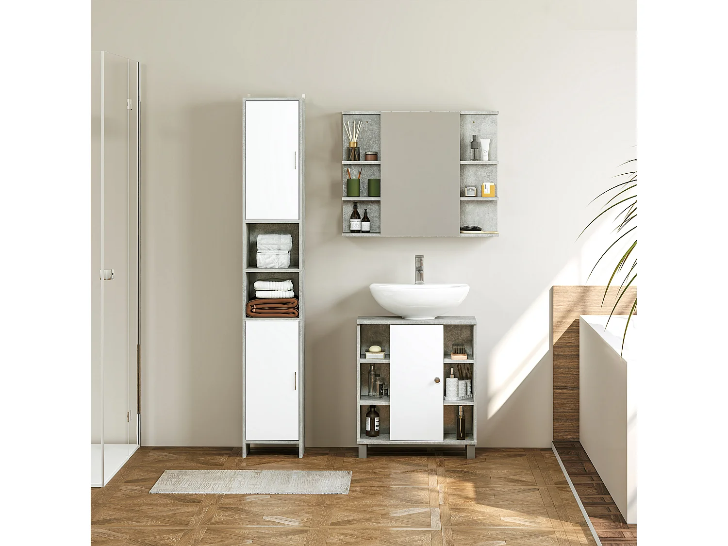 Mobile specchiera bagno a parete con anta e mensole in legno