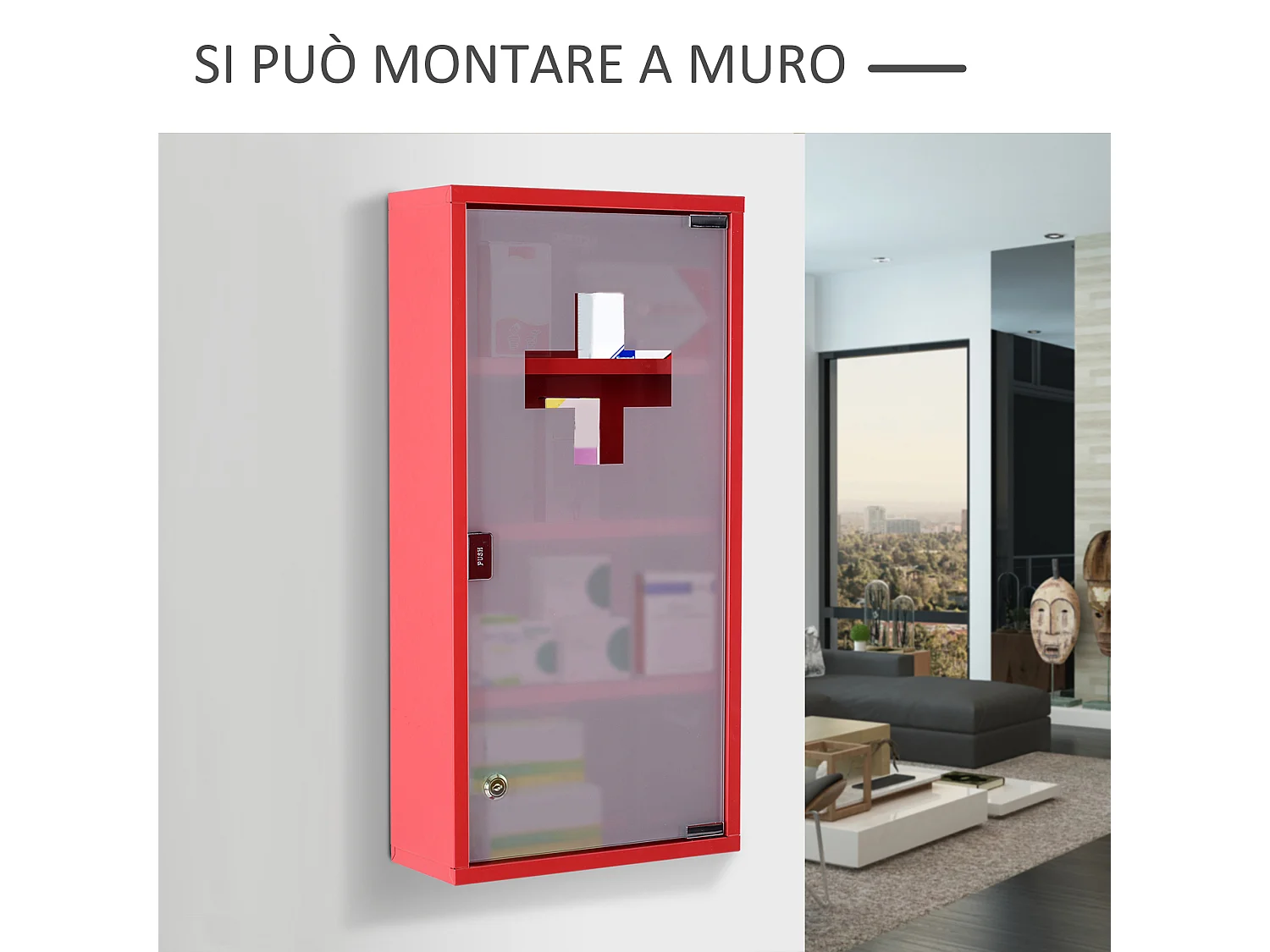 Armadietto per medicinali a 4 livelli con chiave e anta in vetro