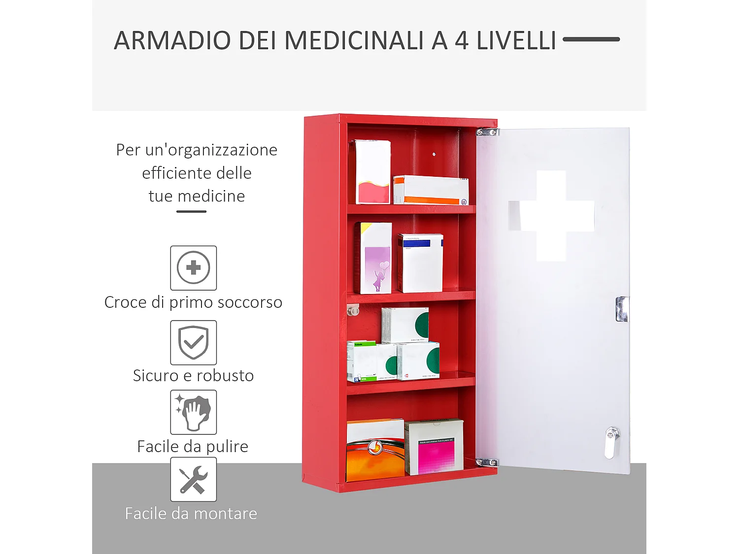 Armadietto per medicinali a 4 livelli con chiave e anta in vetro
