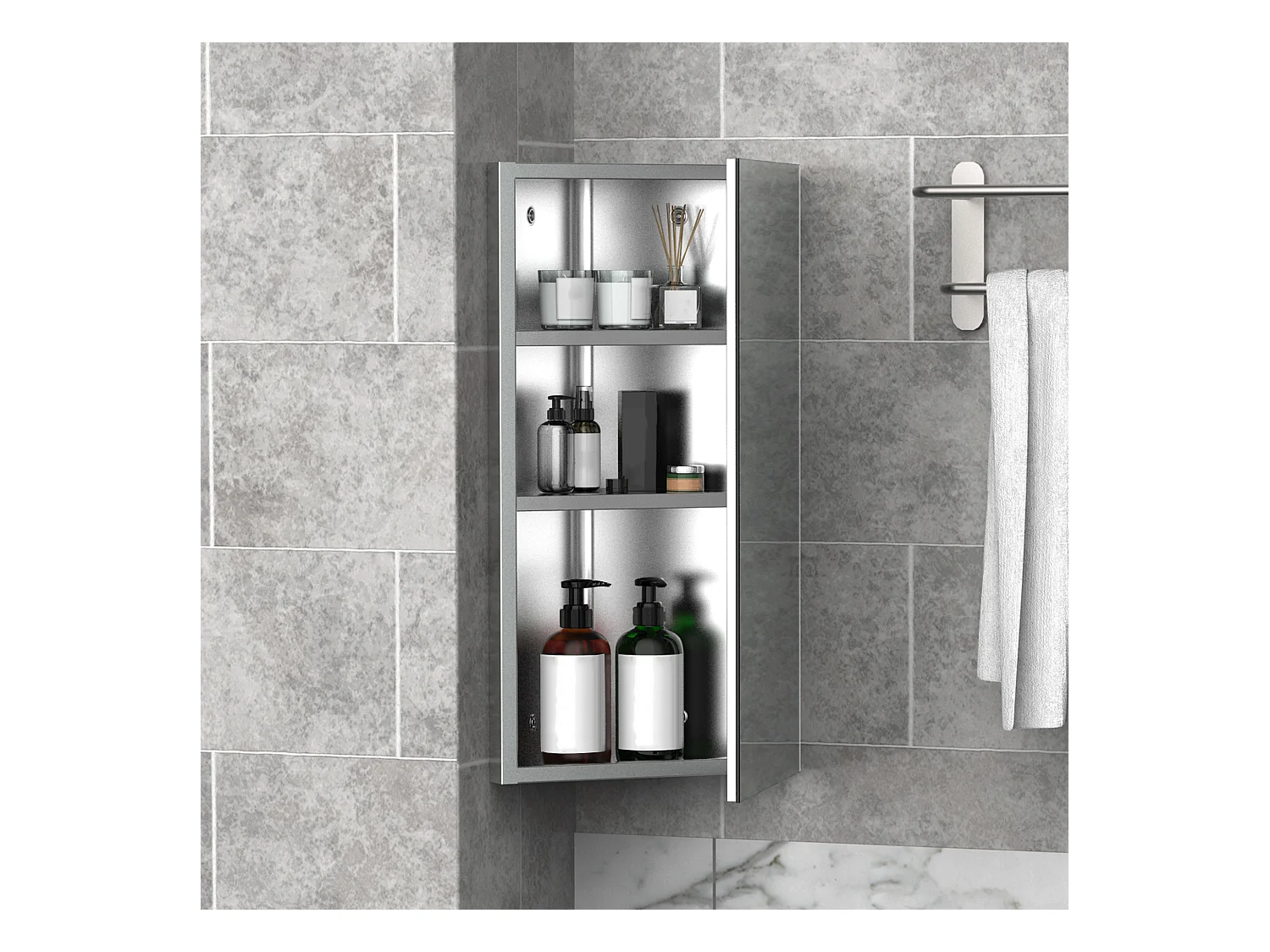 Armadietto angolare bagno in acciaio a specchio con ripiani argento
