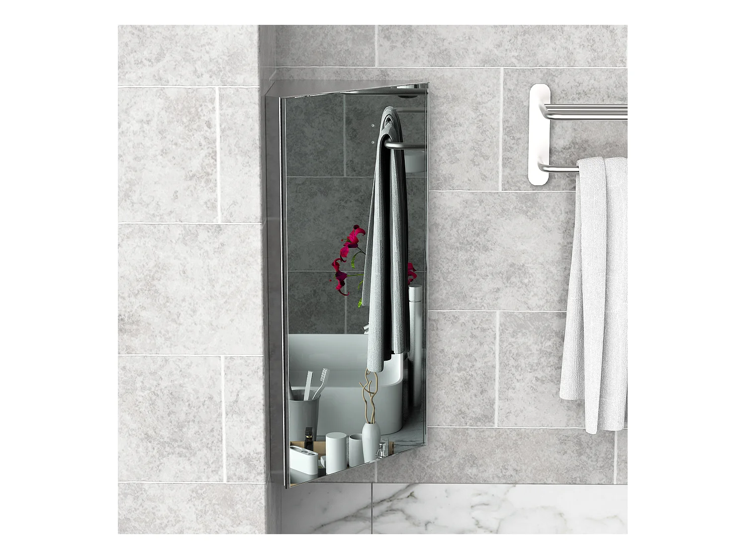 Armadietto angolare bagno in acciaio a specchio con ripiani argento