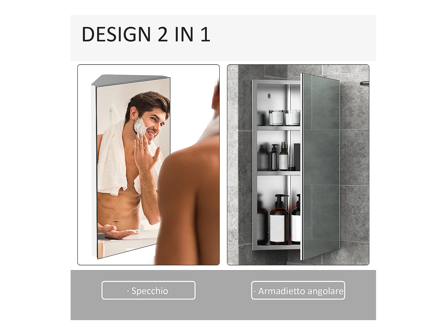 Armadietto angolare bagno in acciaio a specchio con ripiani argento