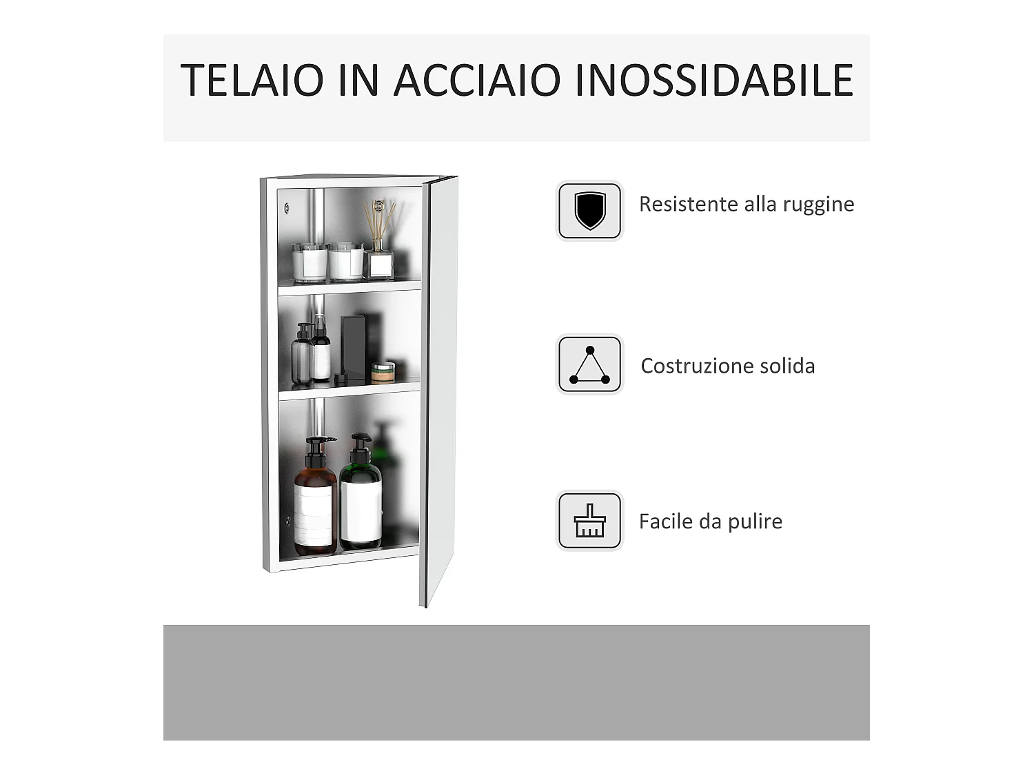 Armadietto angolare bagno in acciaio a specchio con ripiani argento