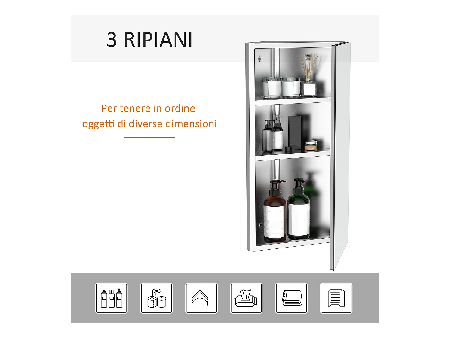 Armadietto angolare bagno in acciaio a specchio con ripiani argento