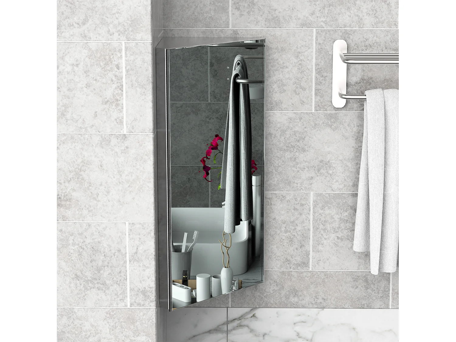 Armadietto angolare bagno in acciaio a specchio con ripiani argento