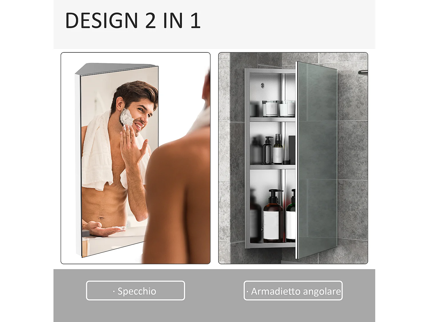 Armadietto angolare bagno in acciaio a specchio con ripiani argento