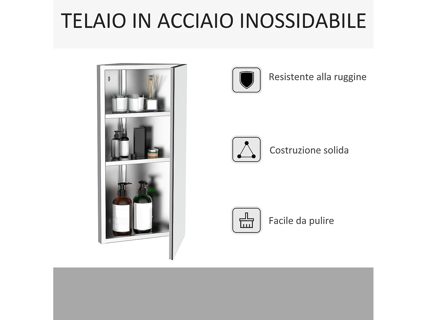 Armadietto angolare bagno in acciaio a specchio con ripiani argento