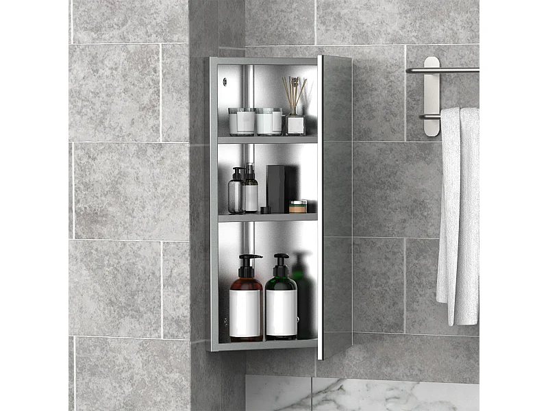 Armadietto angolare bagno in acciaio a specchio con ripiani argento