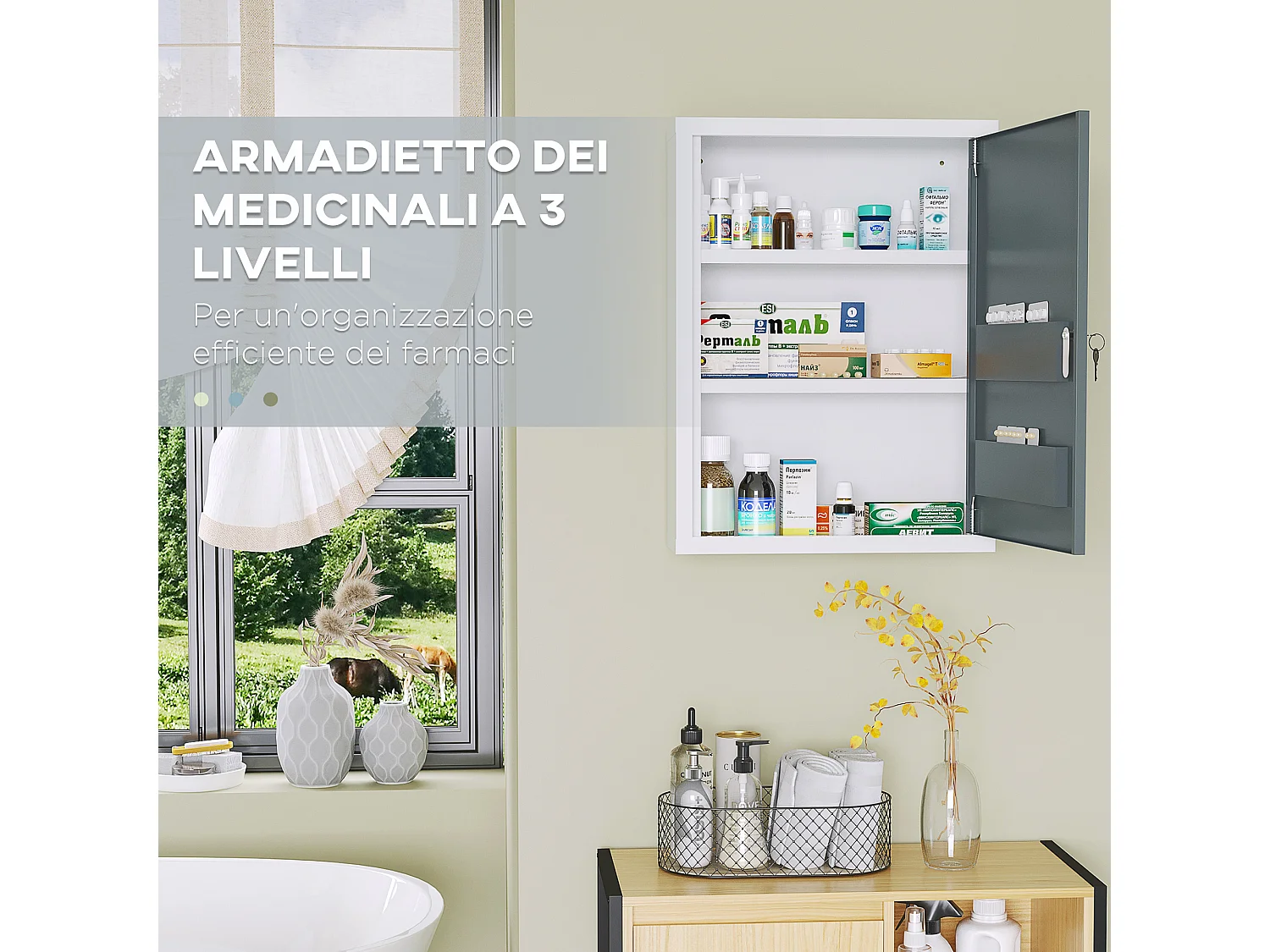 Armadietto medicinali con 3 ripiani e blocco con chiavi
