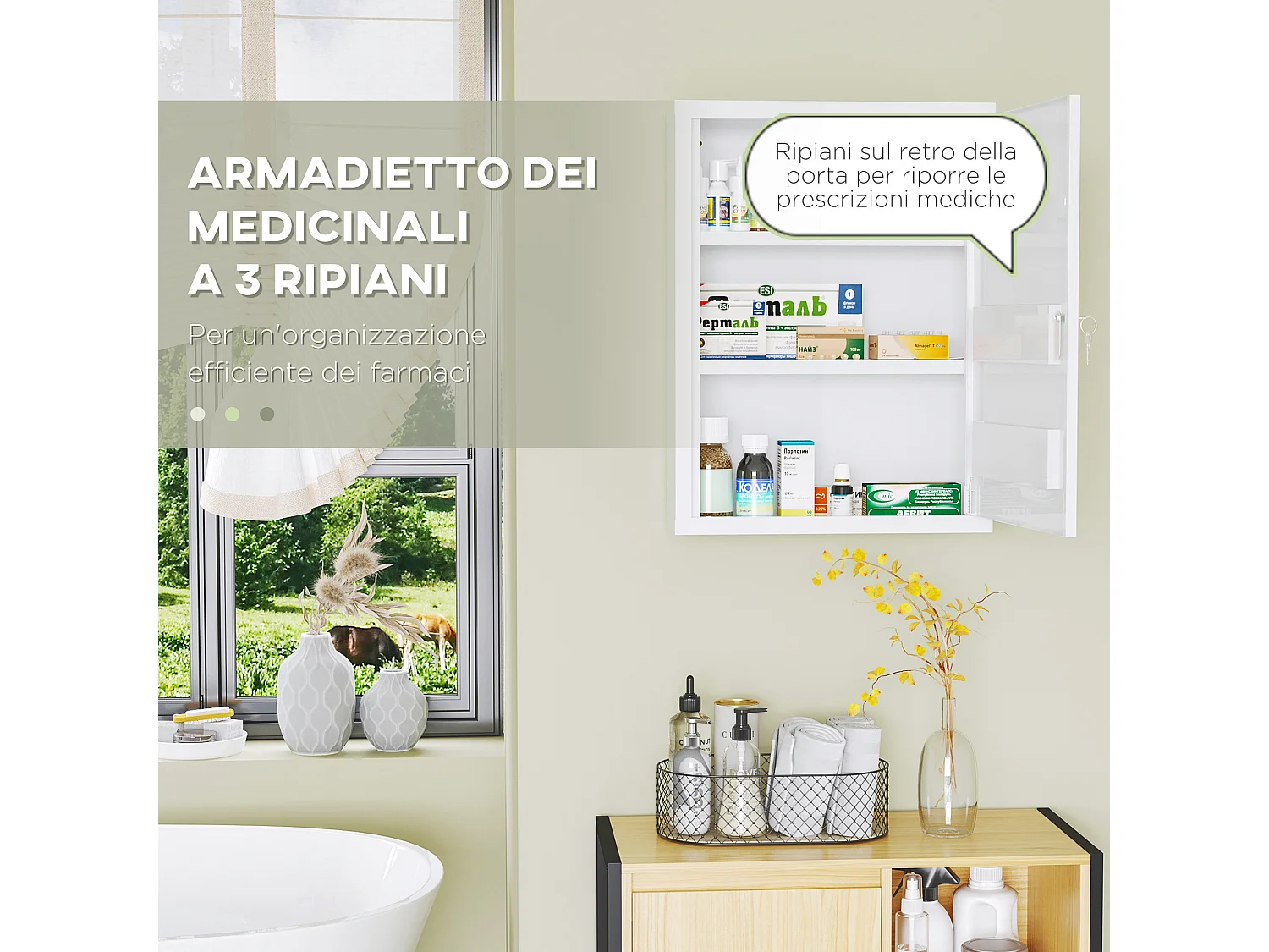 Armadietto medicinali a 3 ripiani in acciaio 40x15x53.5 cm bianco