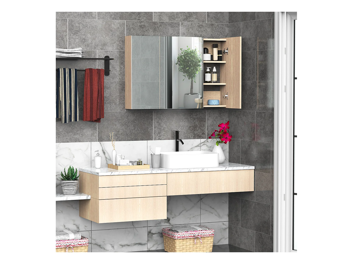 Armadietto pensile da bagno a parete con specchio in legno marrone