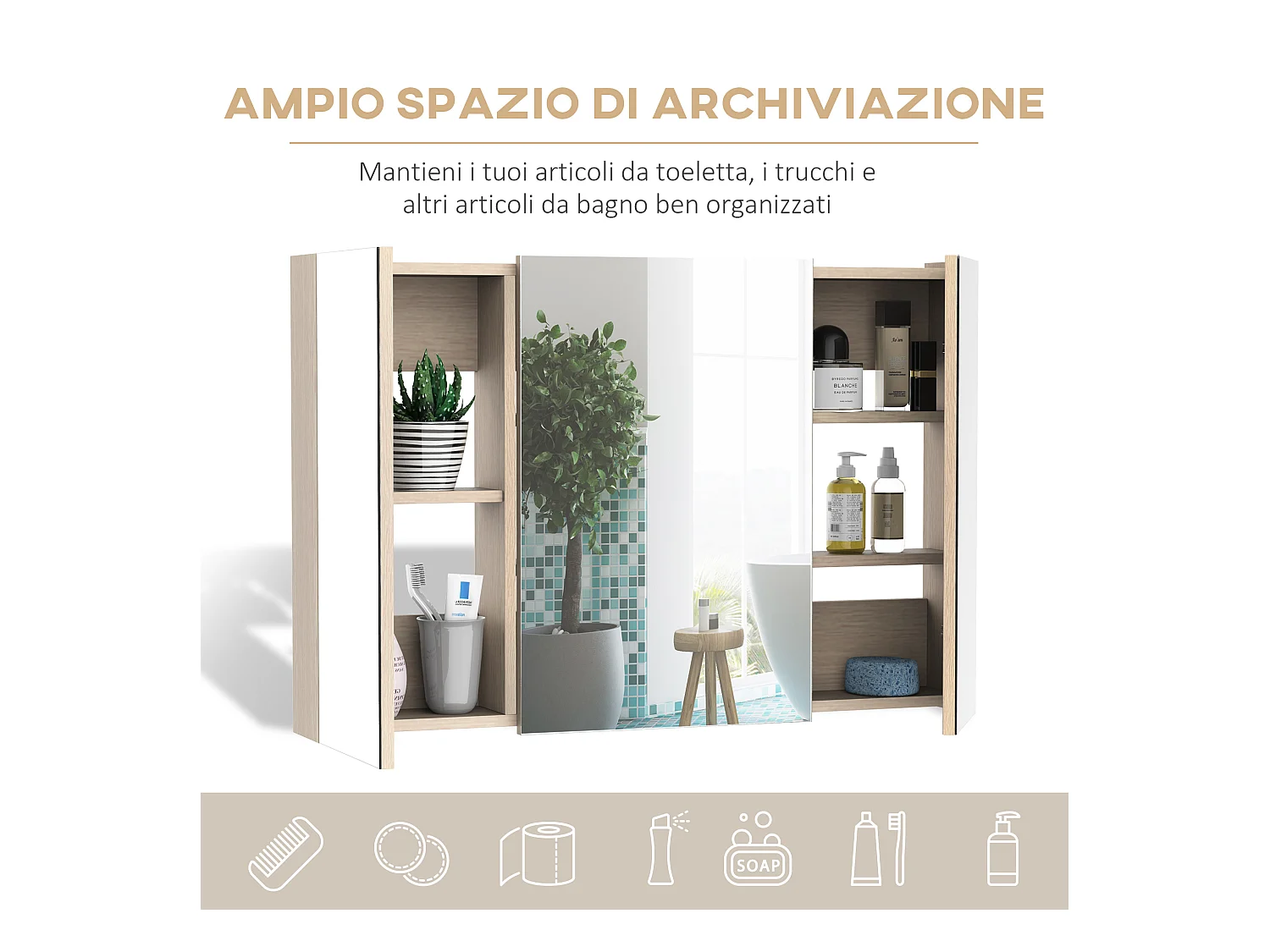 Armadietto pensile da bagno a parete con specchio in legno marrone