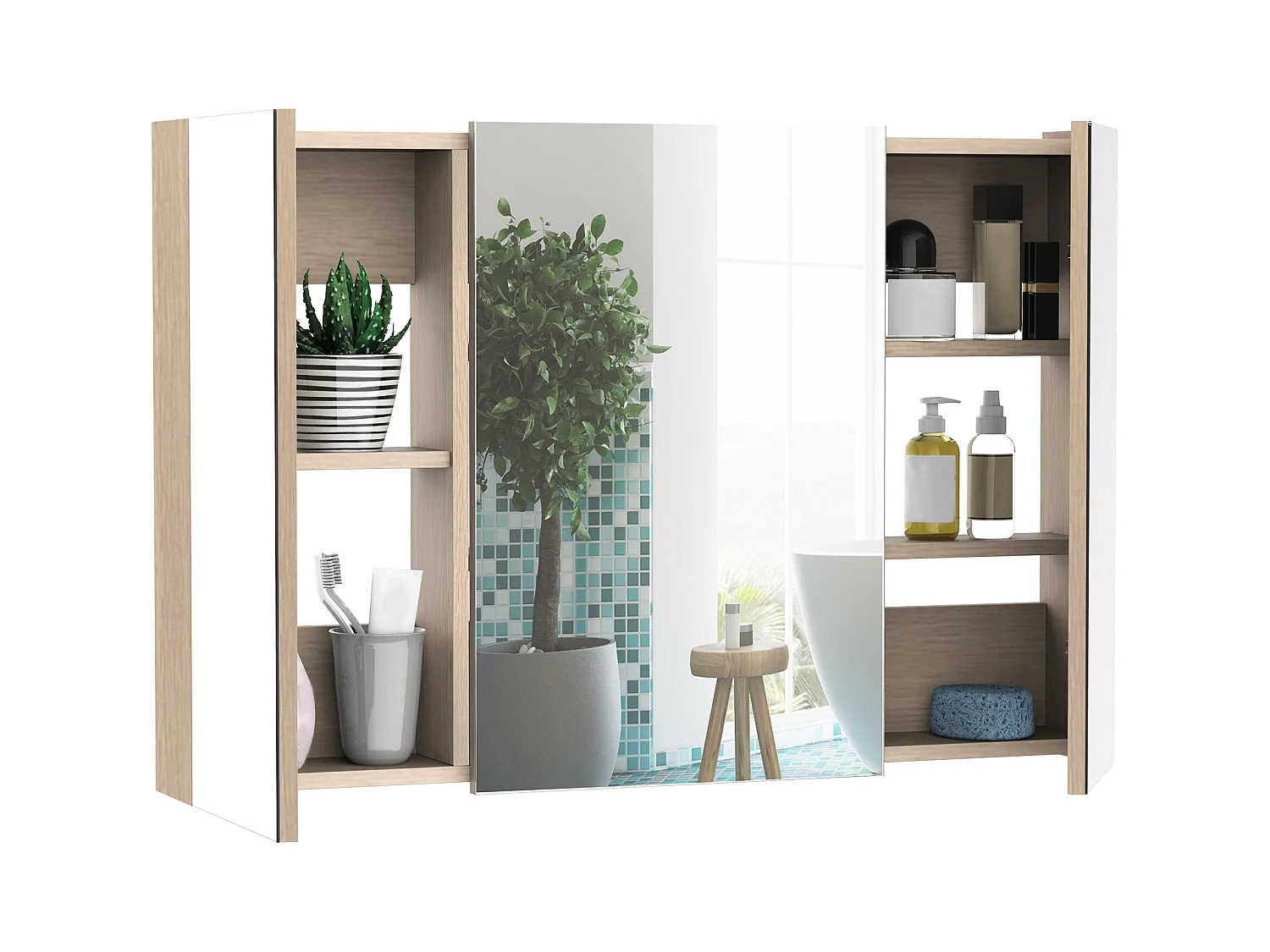 Armadietto pensile da bagno a parete con specchio in legno marrone