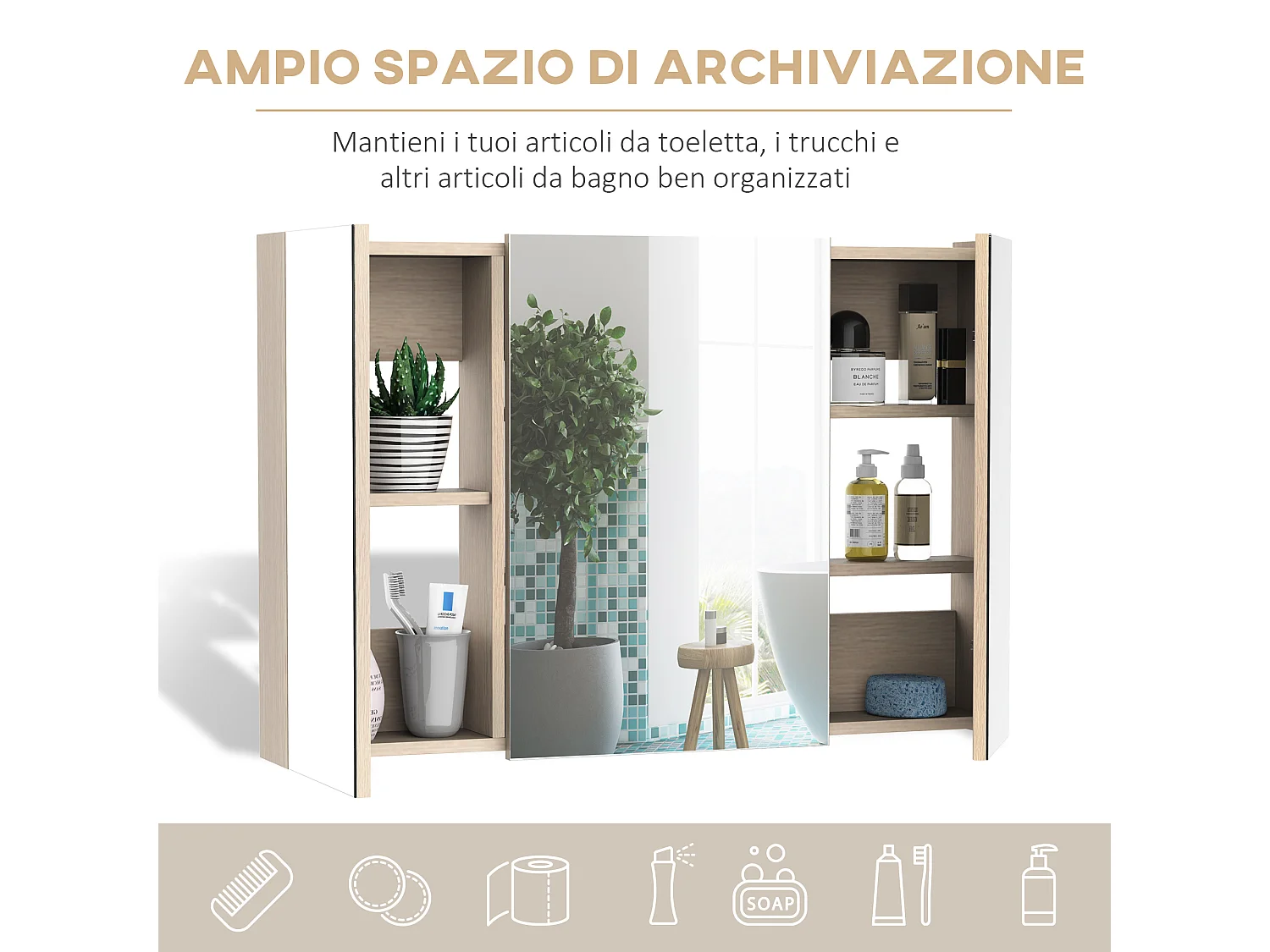 Armadietto pensile da bagno a parete con specchio in legno marrone