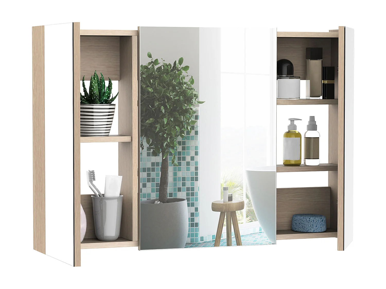 Armadietto pensile da bagno a parete con specchio in legno marrone