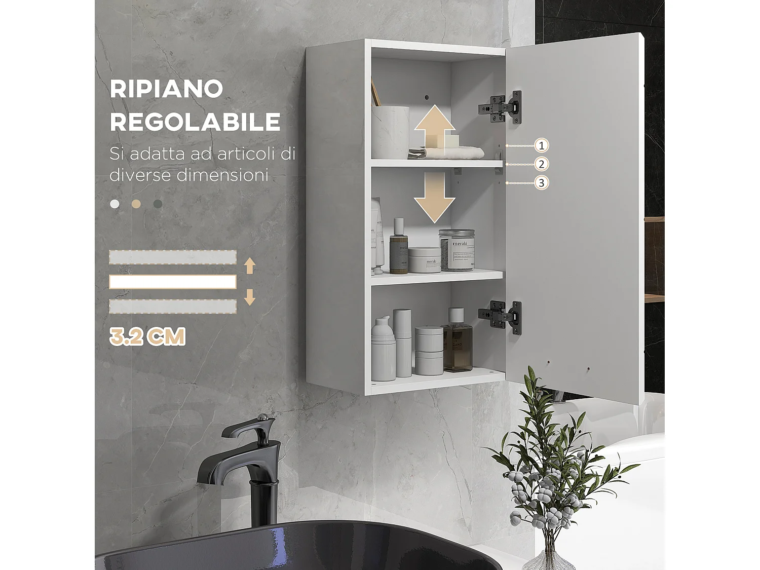 Mobiletto bagno a 3 ripiani con montaggio a parete in mdf