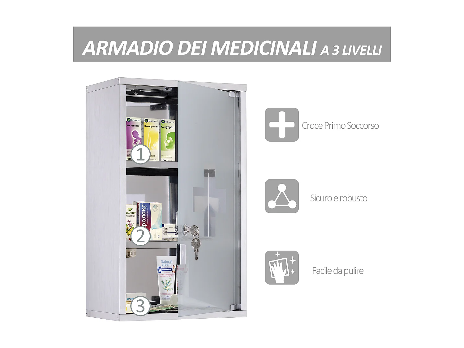 Armadietto per medicinali con 3 ripiani e serratura in acciaio