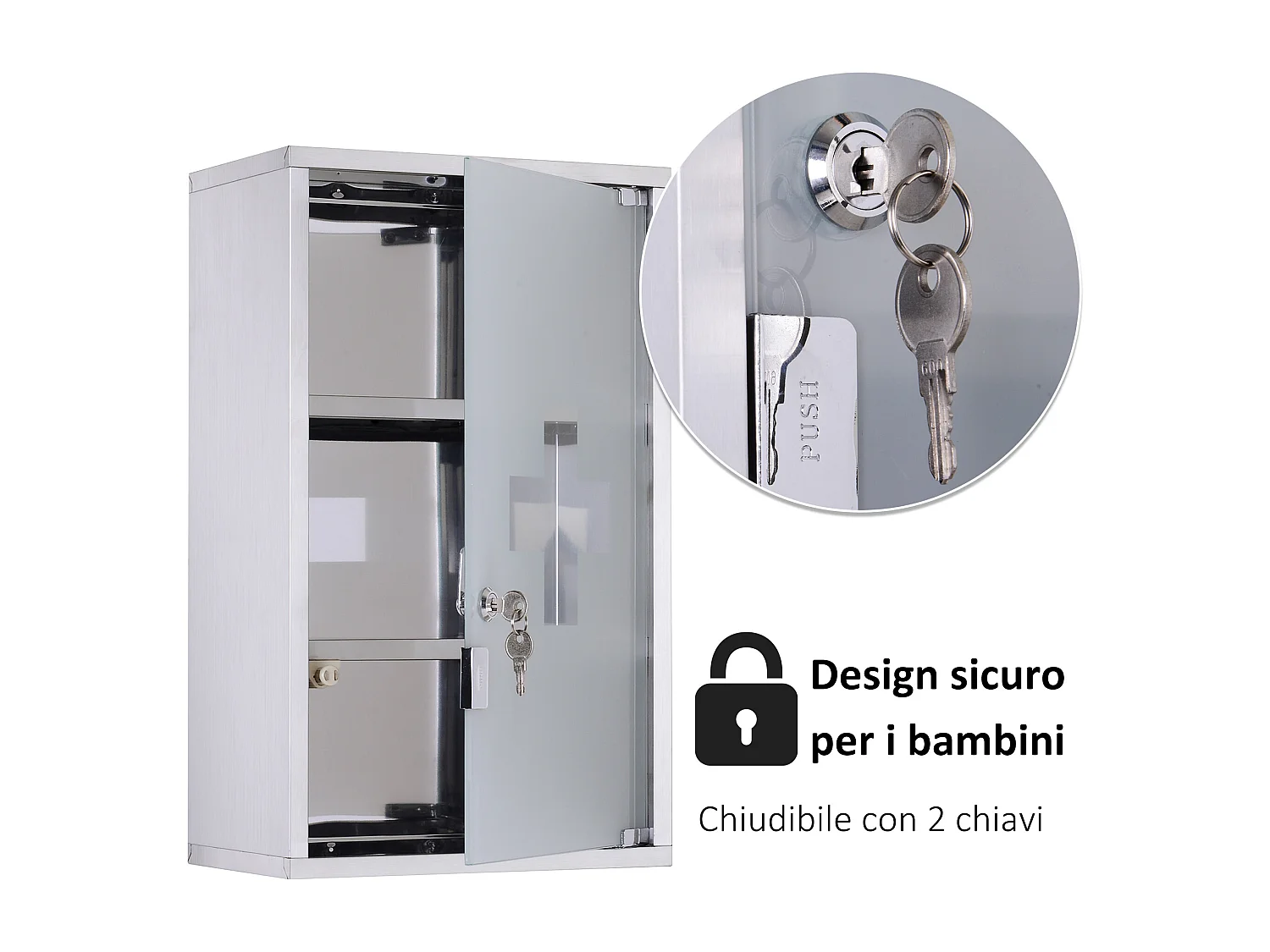 Armadietto per medicinali con 3 ripiani e serratura in acciaio