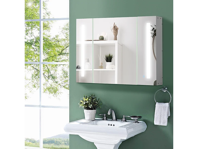 Specchio da bagno con 3 armadietti 3 ripiani e luce led bianco