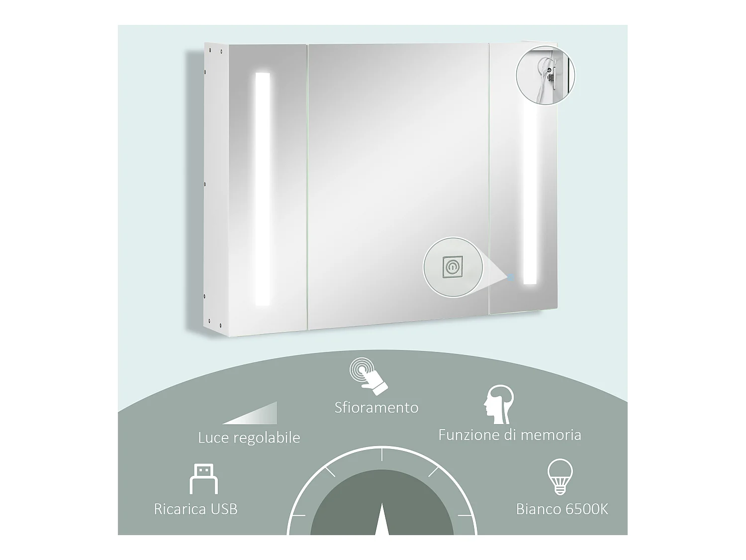 Specchio da bagno con 3 armadietti 3 ripiani e luce led bianco