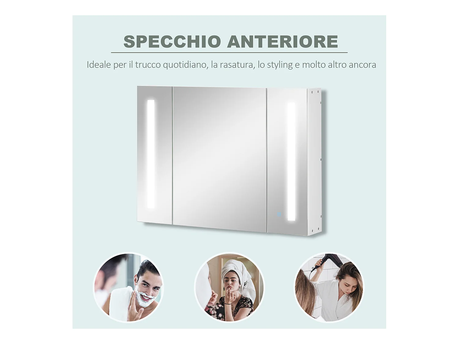 Specchio da bagno con 3 armadietti 3 ripiani e luce led bianco