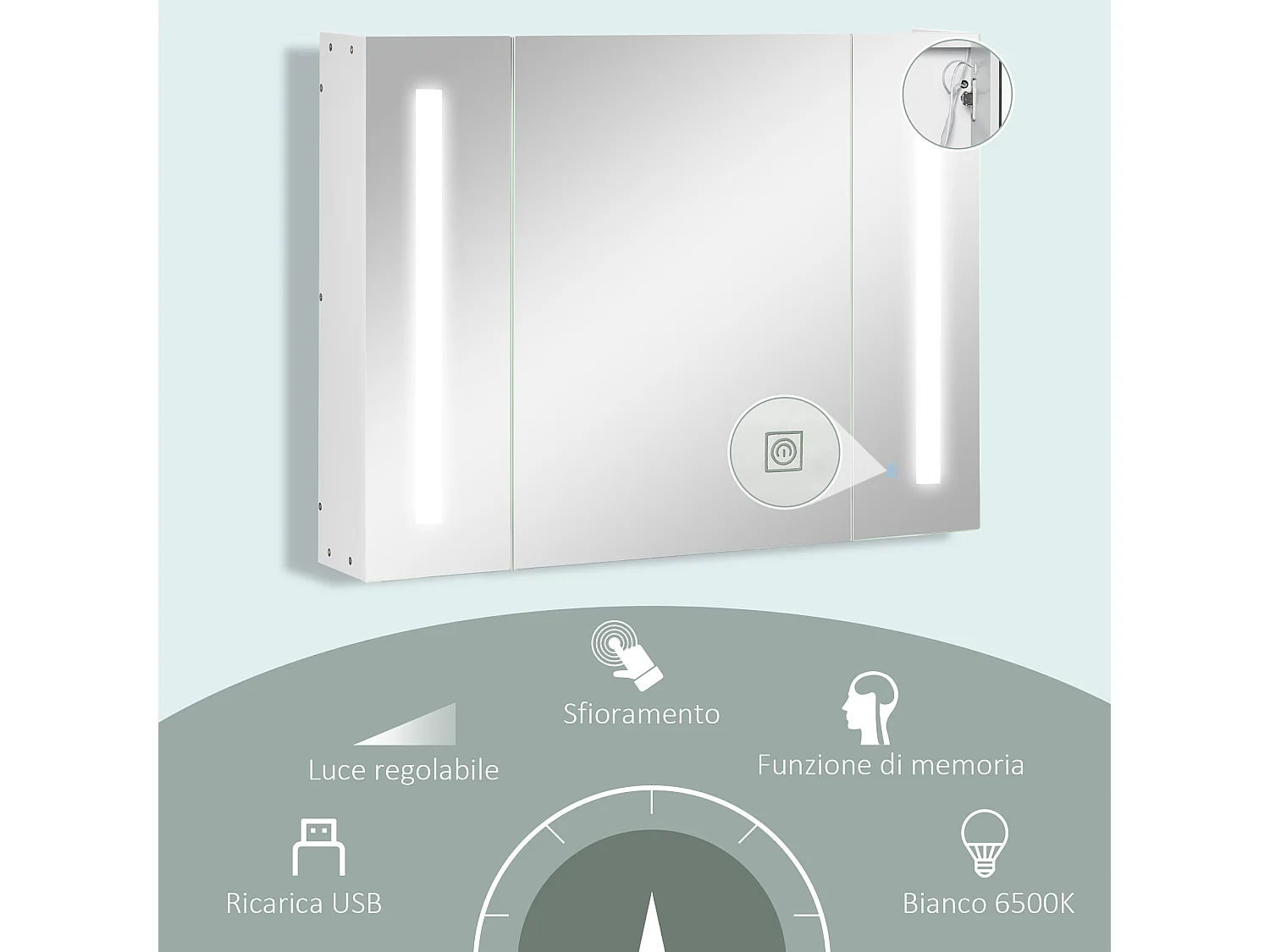 Specchio da bagno con 3 armadietti 3 ripiani e luce led bianco