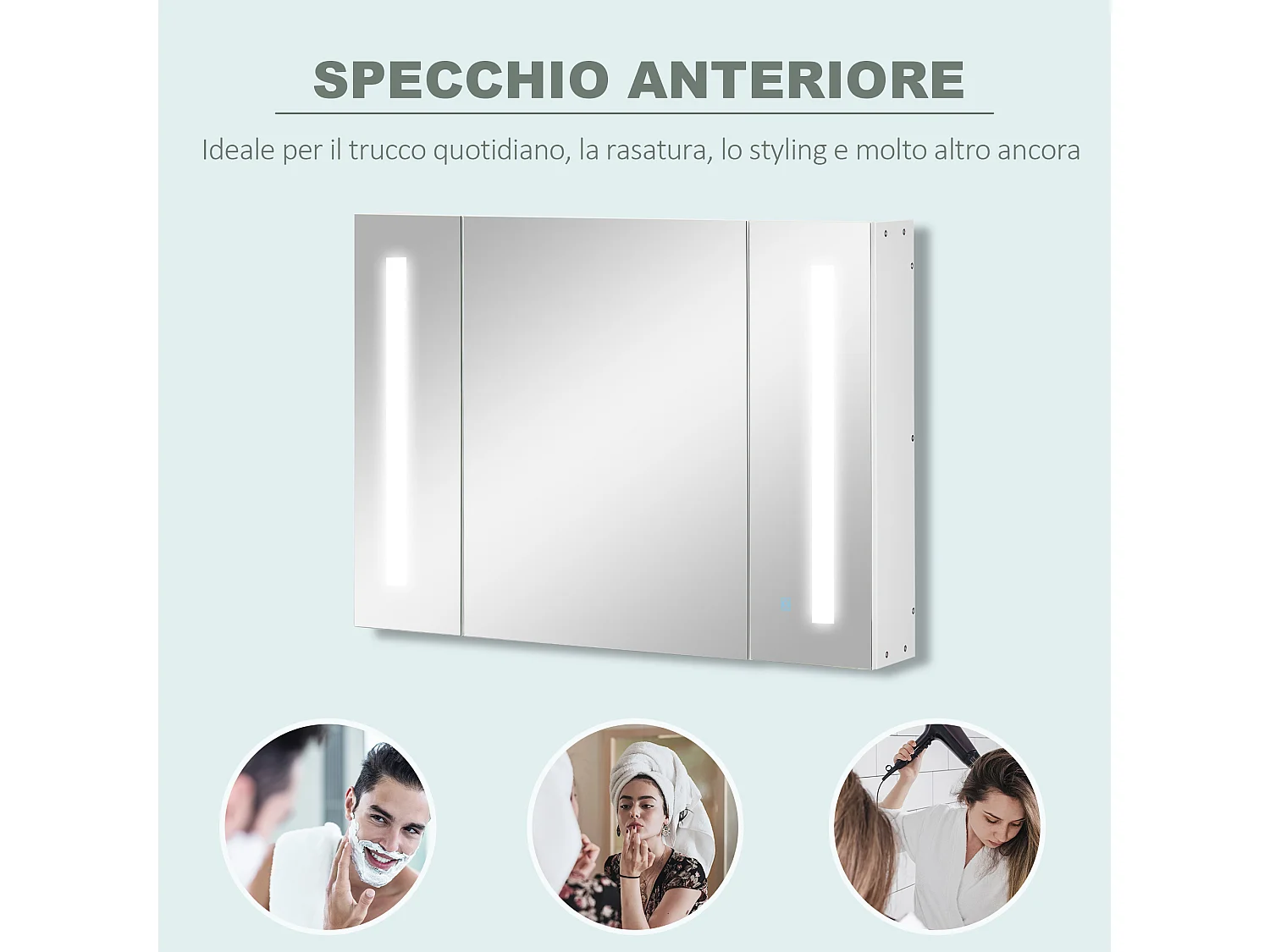 Specchio da bagno con 3 armadietti 3 ripiani e luce led bianco