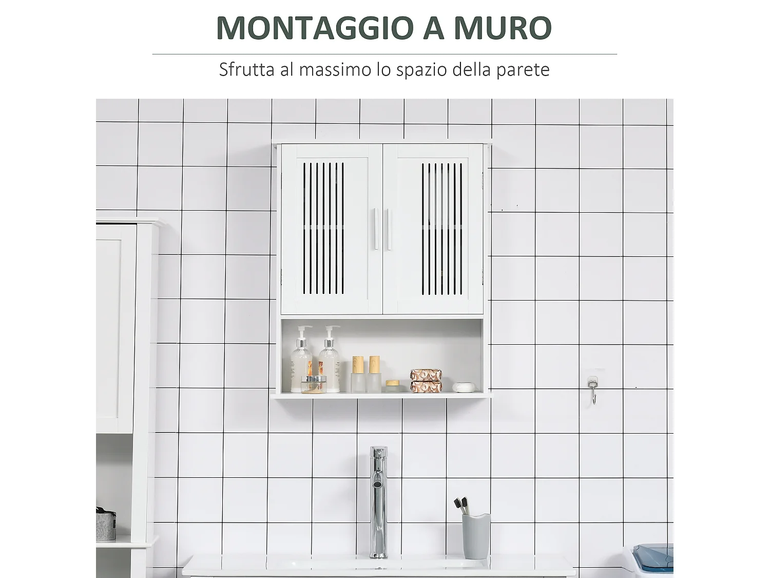 Mobiletto da bagno a muro con armadietto e ripiano bianco