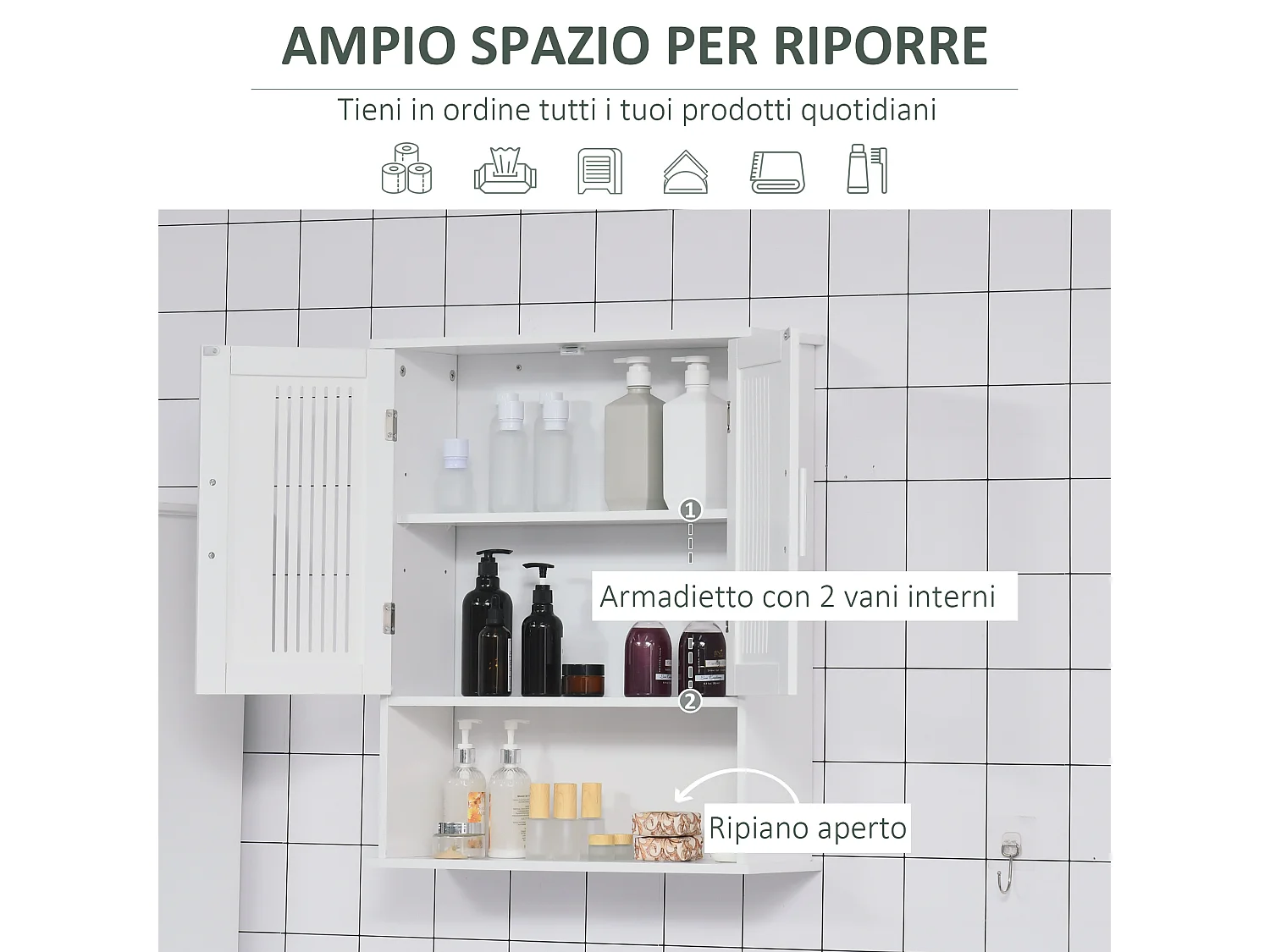 Mobiletto da bagno a muro con armadietto e ripiano bianco