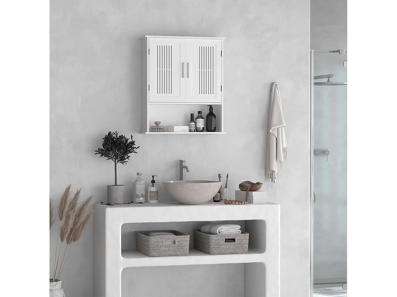 Mobiletto da bagno a muro con armadietto e ripiano bianco