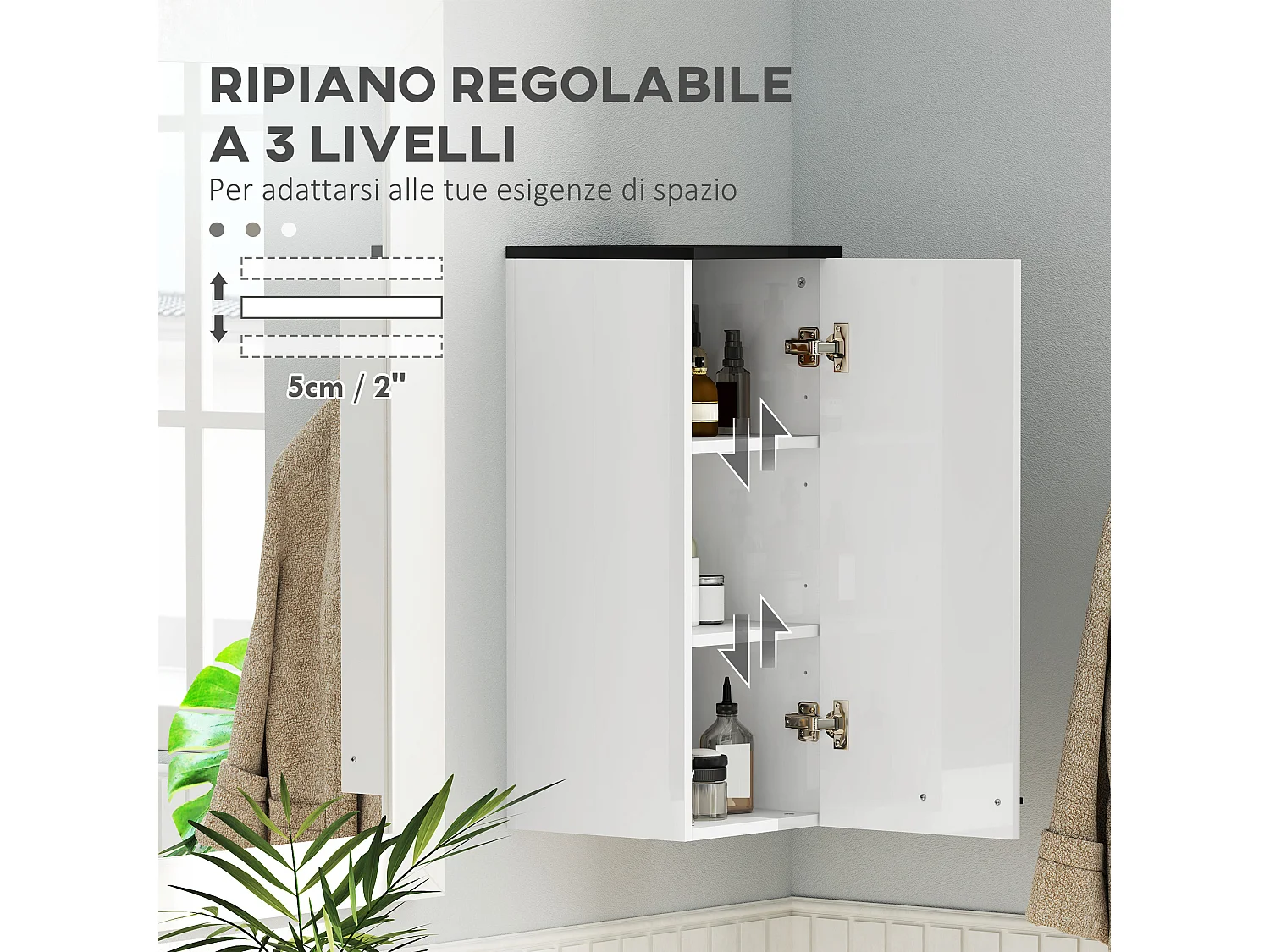 Armadietto bagno pensile 3 vani e ripiani regolabili bianco