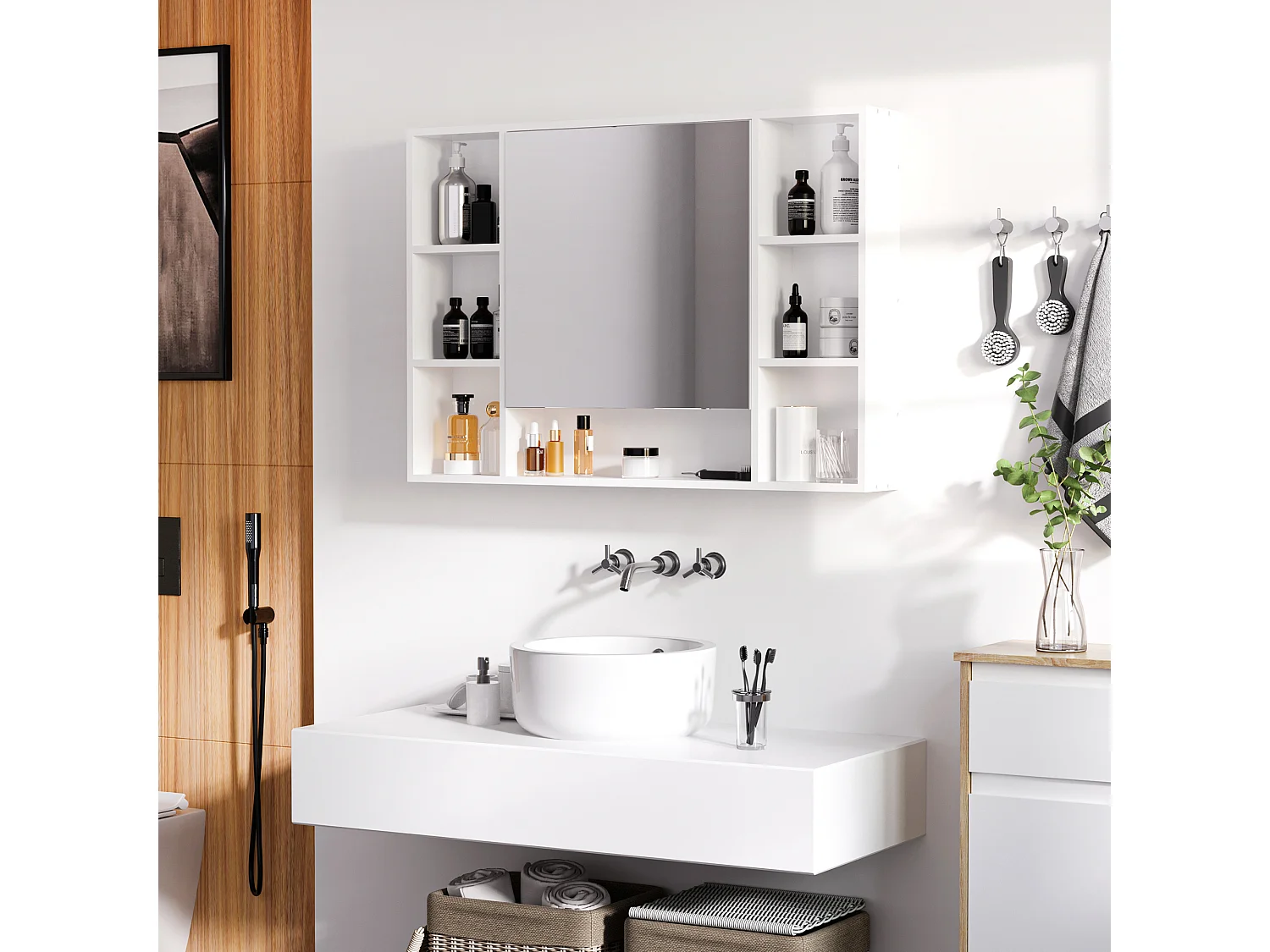 Mobile specchiera bagno con mensole e armadietto bianco