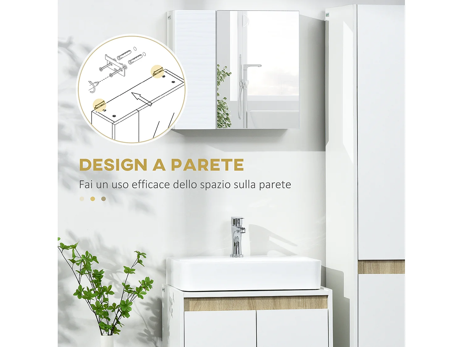 Armadio a specchio da bagno in truciolato e vetro 4 ripiani