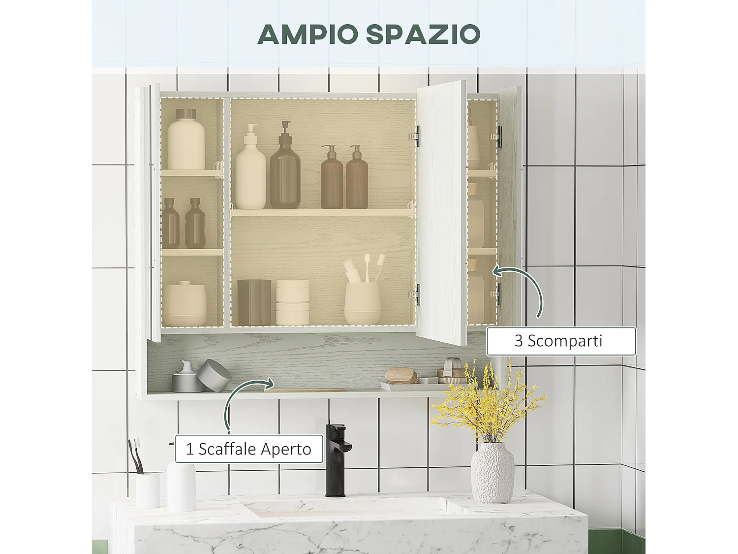 Armadietto a specchio ripiani regolabili 3 porte e credenze