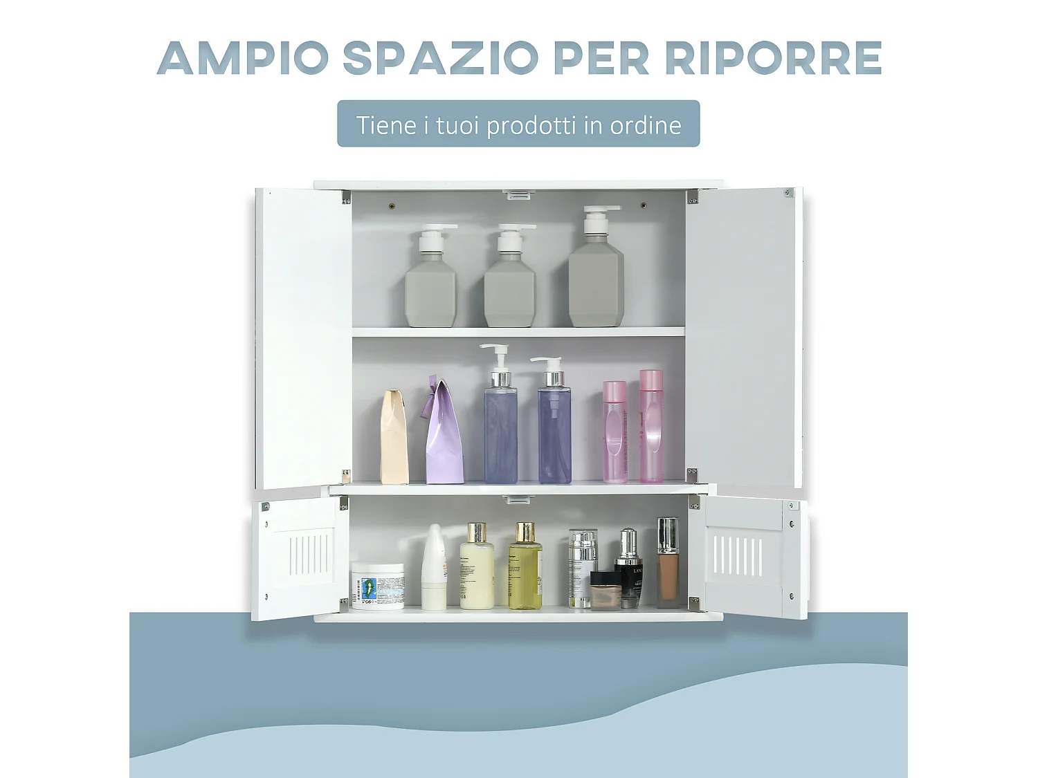 Mobiletto bagno pensile antine a specchio 55x17.5x60cm bianco