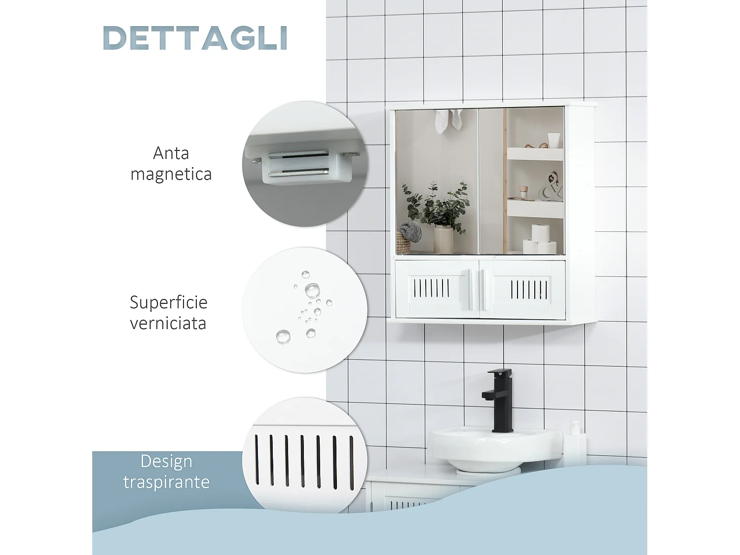 Mobiletto bagno pensile antine a specchio 55x17.5x60cm bianco