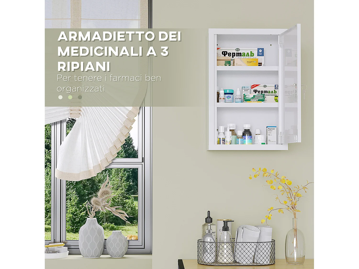 Armadietto medicinali a 3 ripiani in acciaio con 2 chiavi