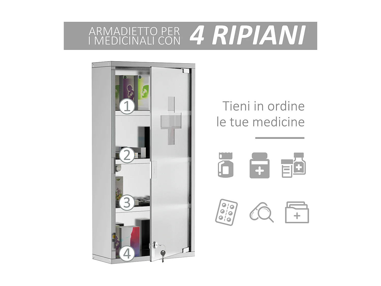 Armadietto cassetta per medicinali a 4 ripiani in acciaio inox