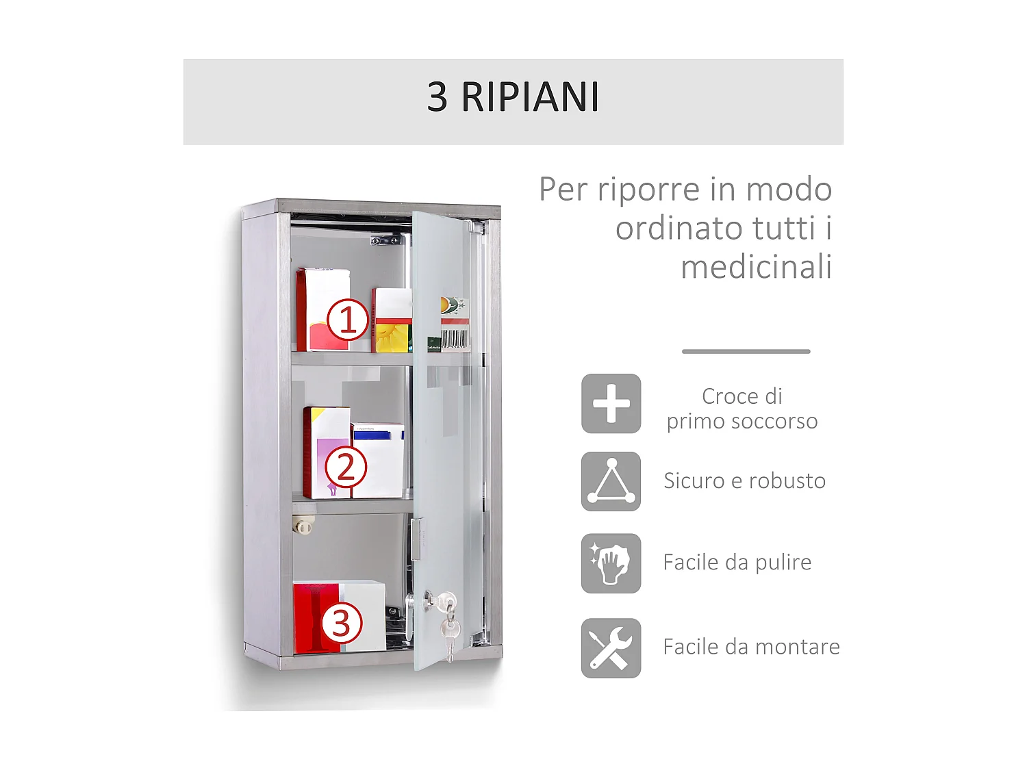 Armadietto porta medicinali con serratura e 2 chiavi in acciaio
